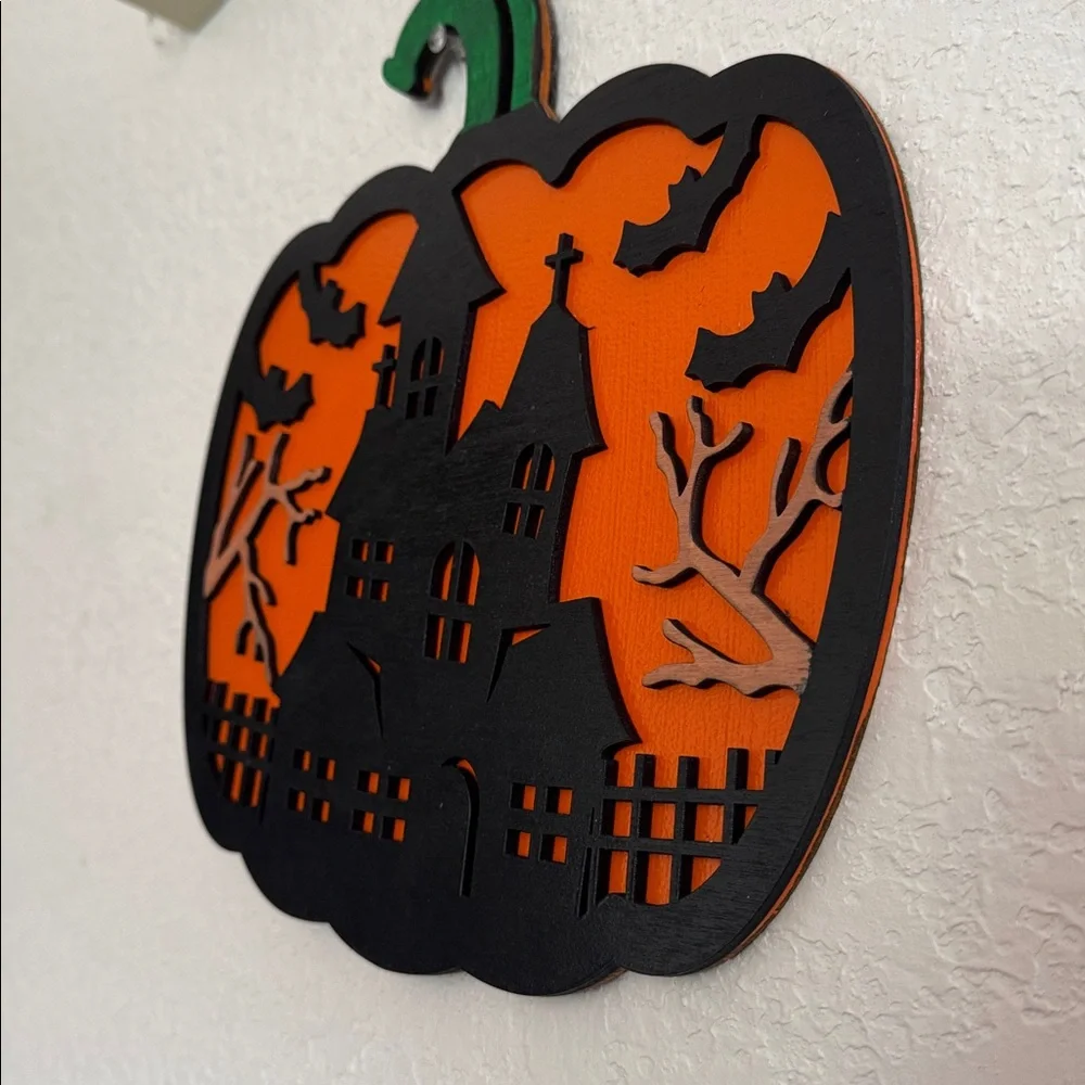 Handcrafted Wooden Sign of Halloween Haunted House Pumpkin Wall Decor
